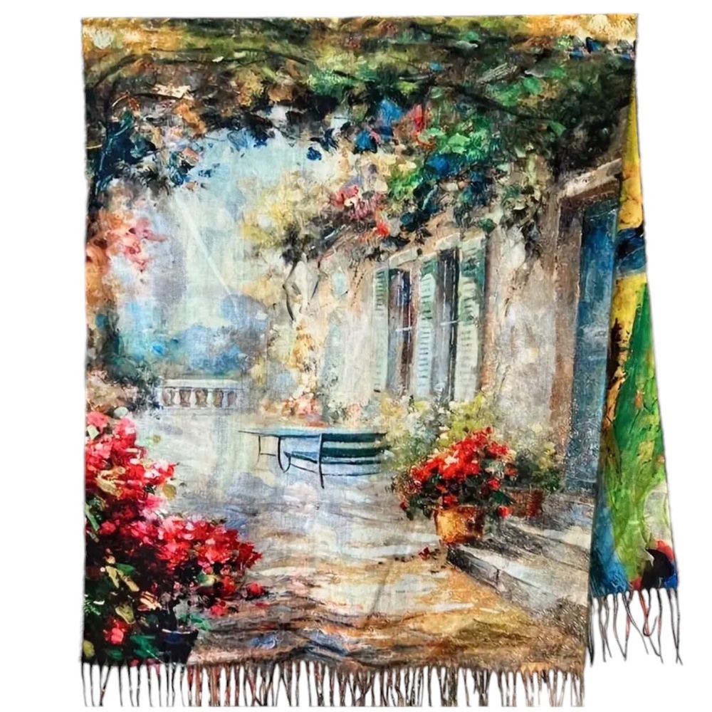 Floral Museum Painting Reversible Fringed Scarf, Xtra Long Imitation Cashmere